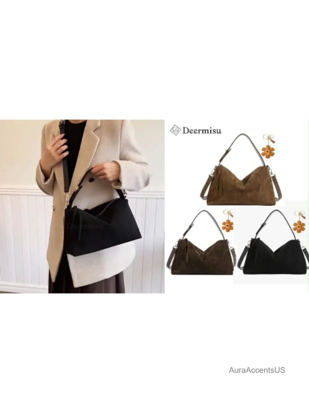 Faux Suede Hobo Bag Women Convertible Crossbody Purse with Flower Keychain